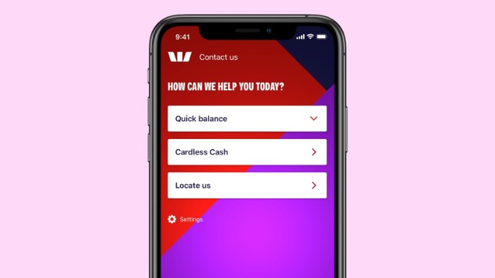 Smartphone screen displaying a banking app interface with options for Quick Balance, Cardless Cash, and Locate Us against a red and purple gradient background.