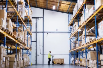 A warehouse worker in a yellow vest moves a pallet jack with boxes between tall, organized shelves filled with cardboard boxes, under bright lighting.