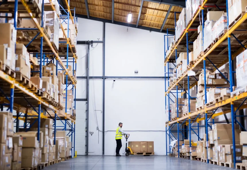 A warehouse worker in a yellow vest moves a pallet jack with boxes between tall, organized shelves filled with cardboard boxes, under bright lighting.