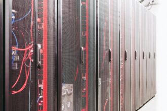 Modern data server room with network racks and cables