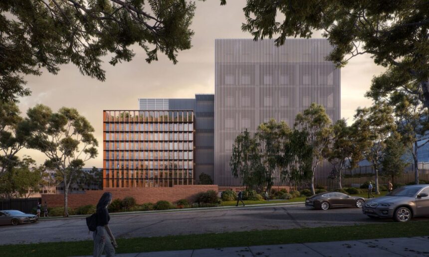 Architectural rendering of a multi-storey data centre development in Sydney, featuring a modern façade, landscaped surrounds and tree-lined streetscape.