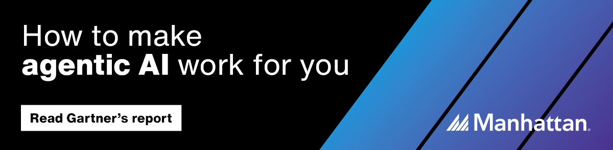 Banner with text 'How to make agentic AI work for you' on a black background. Blue gradient stripes on the right with Manhattan logo.