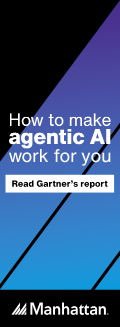 A gradient blue and purple background with bold text: "How to make agentic AI work for you." Below, a button reads "Read Gartner’s report." Manhattan logo at bottom.