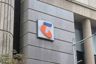 Telstra logo signage on the front of Telstra Kent Exchange building