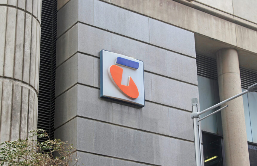 Telstra logo signage on the front of Telstra Kent Exchange building