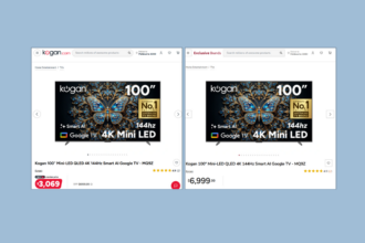 Side-by-side screenshot comparing two Kogan product pages for the same 100-inch Mini-LED QLED 4K Smart TV. The left page shows the standard Kogan website with a discounted member price of $3,069, while the right page, labelled "Exclusive Brands", displays the same product at $6,999.99.