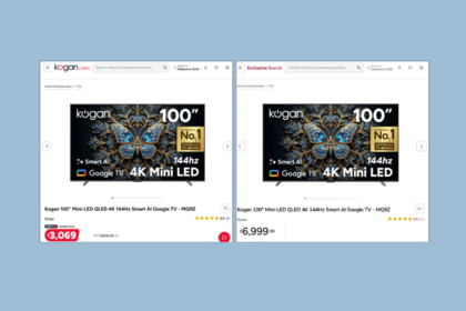 Side-by-side screenshot comparing two Kogan product pages for the same 100-inch Mini-LED QLED 4K Smart TV. The left page shows the standard Kogan website with a discounted member price of $3,069, while the right page, labelled "Exclusive Brands", displays the same product at $6,999.99.
