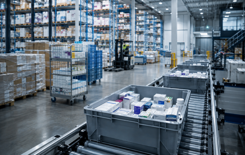 Automated warehouse conveyor transporting bins of healthcare products, with pallet racking and a forklift in the background.