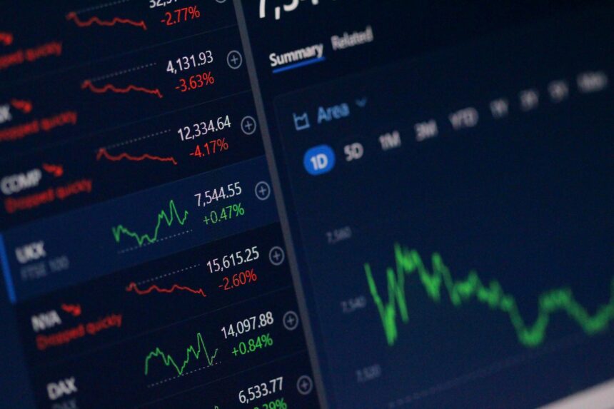 Digital financial market dashboard displaying stock prices, percentage movements and trading charts.