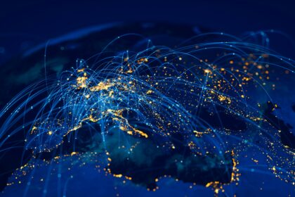 The flow of data across a connected world map.