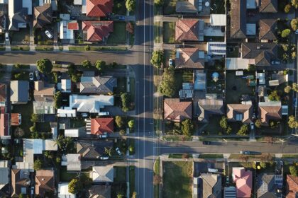 Aerial view of suburban streets.