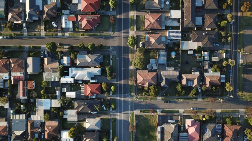 Aerial view of suburban streets.