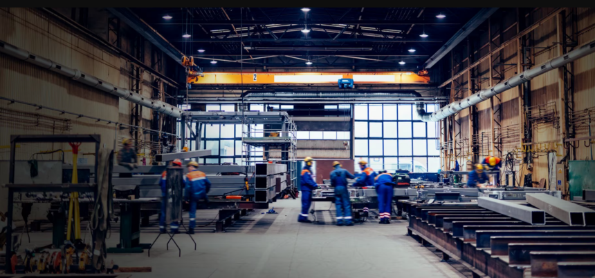 Workers in high-visibility uniforms and safety helmets operating machinery and handling steel components inside a large industrial manufacturing facility.
