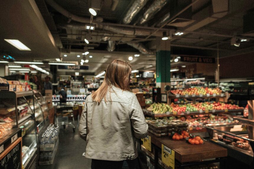 A woman browses the fruit and vegetable isle at the supermarket.