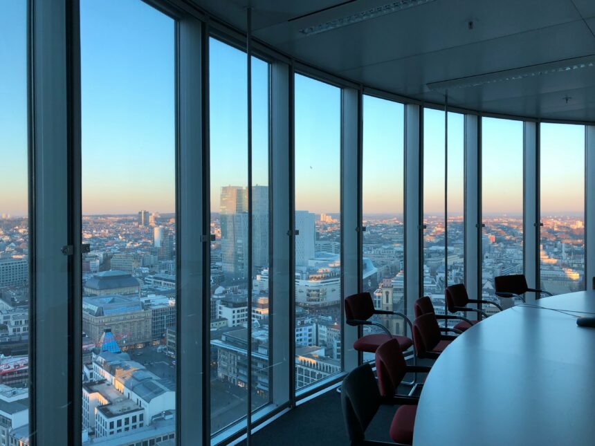 An office space with a view of the city.